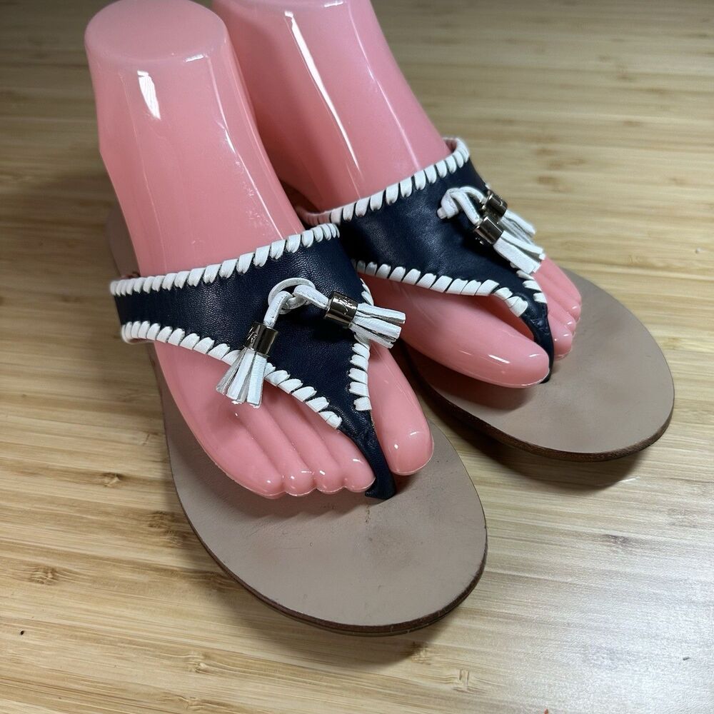 Jack Rogers Alana Thong Sandals Coastal Women 7 Navy White Tassels Flip Flops - Picture 2 of 9
